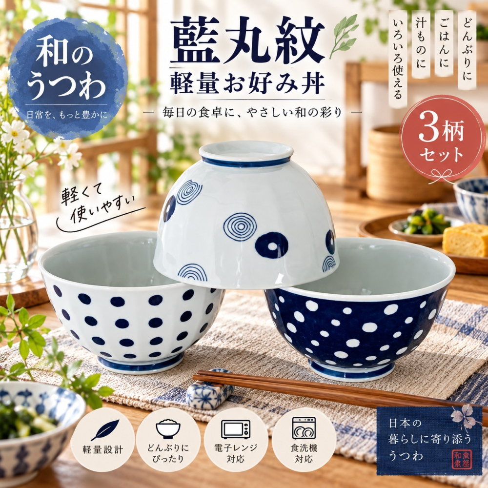 日本西海陶器 百年工藝 質感餐桌首選 藍丸紋 輕量 三入碗組-細節圖7