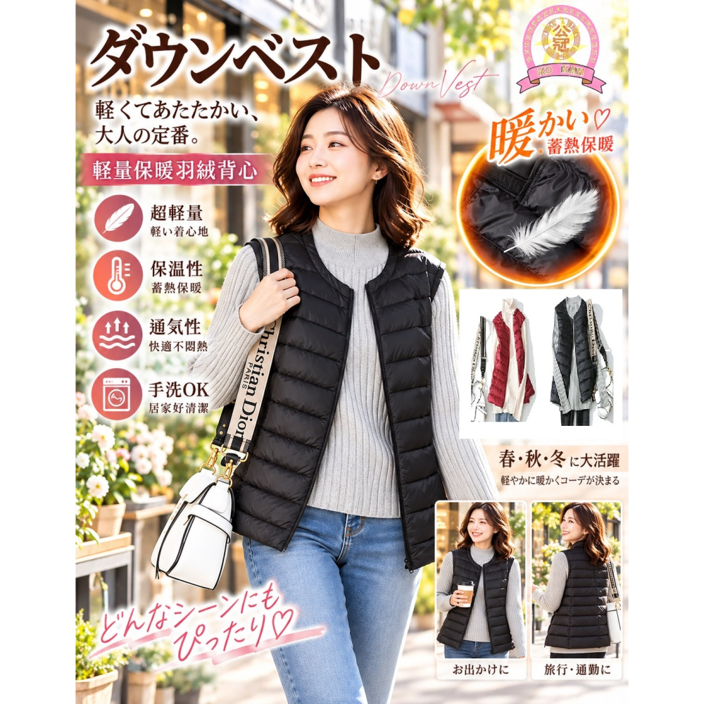 日系公冠無印風 絎縫無領內搭羽絨  女款輕量羽絨背心(黑.紅)兩色-細節圖3