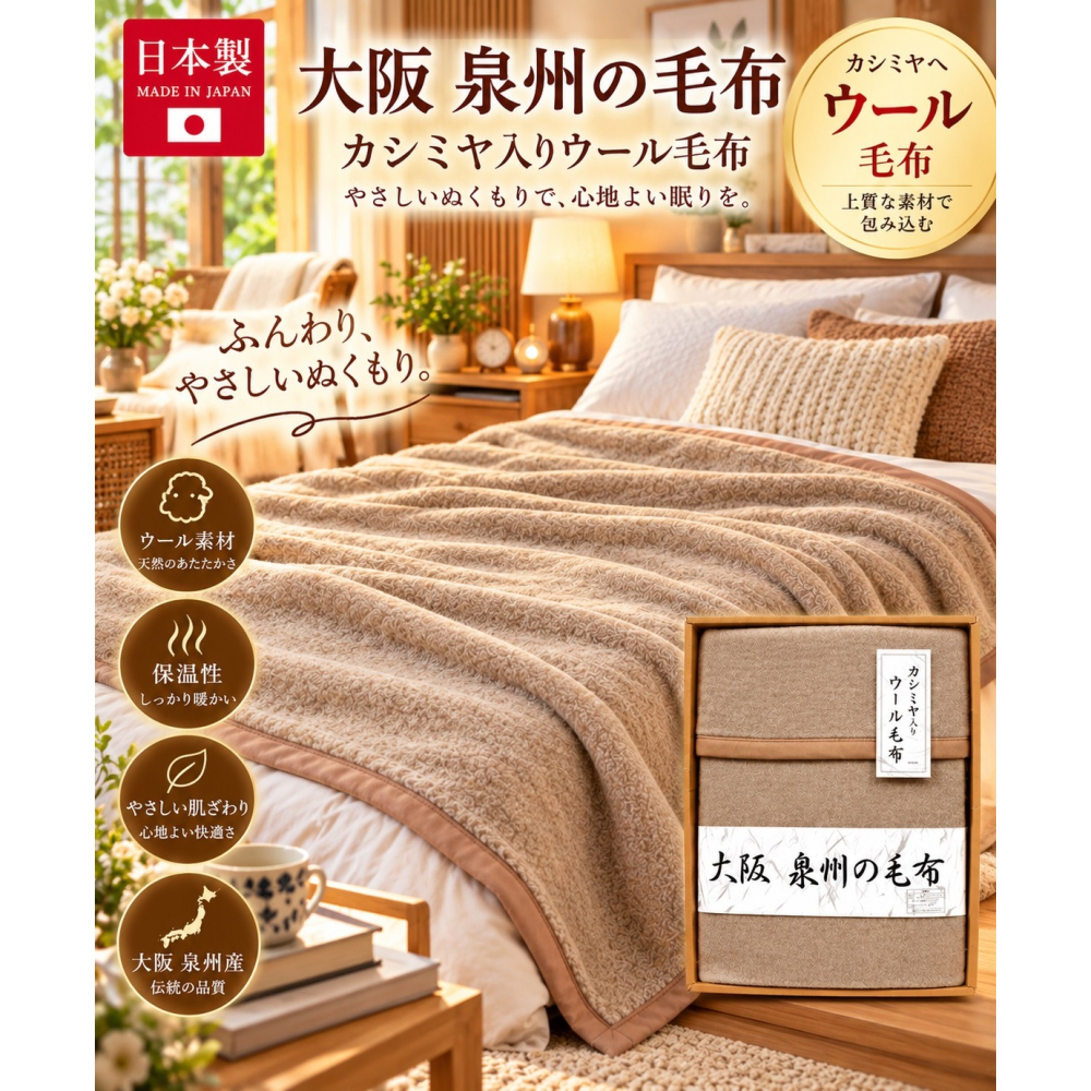 日本 泉州產 頂級山羊毛 單人保暖毛毯 (限時特價) (體積過大.寄出拆盒子)-細節圖2