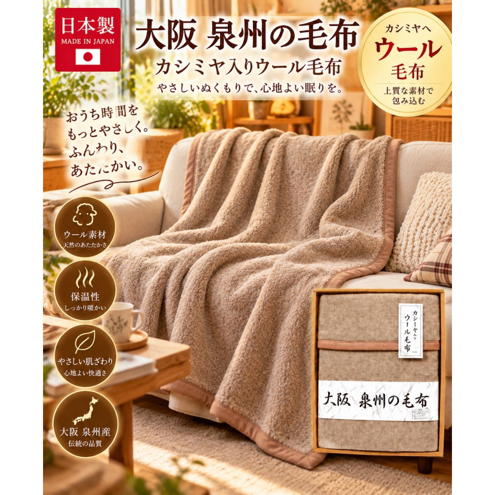 日本 泉州產 頂級山羊毛 單人保暖毛毯 (限時特價) (體積過大.寄出拆盒子)-細節圖3