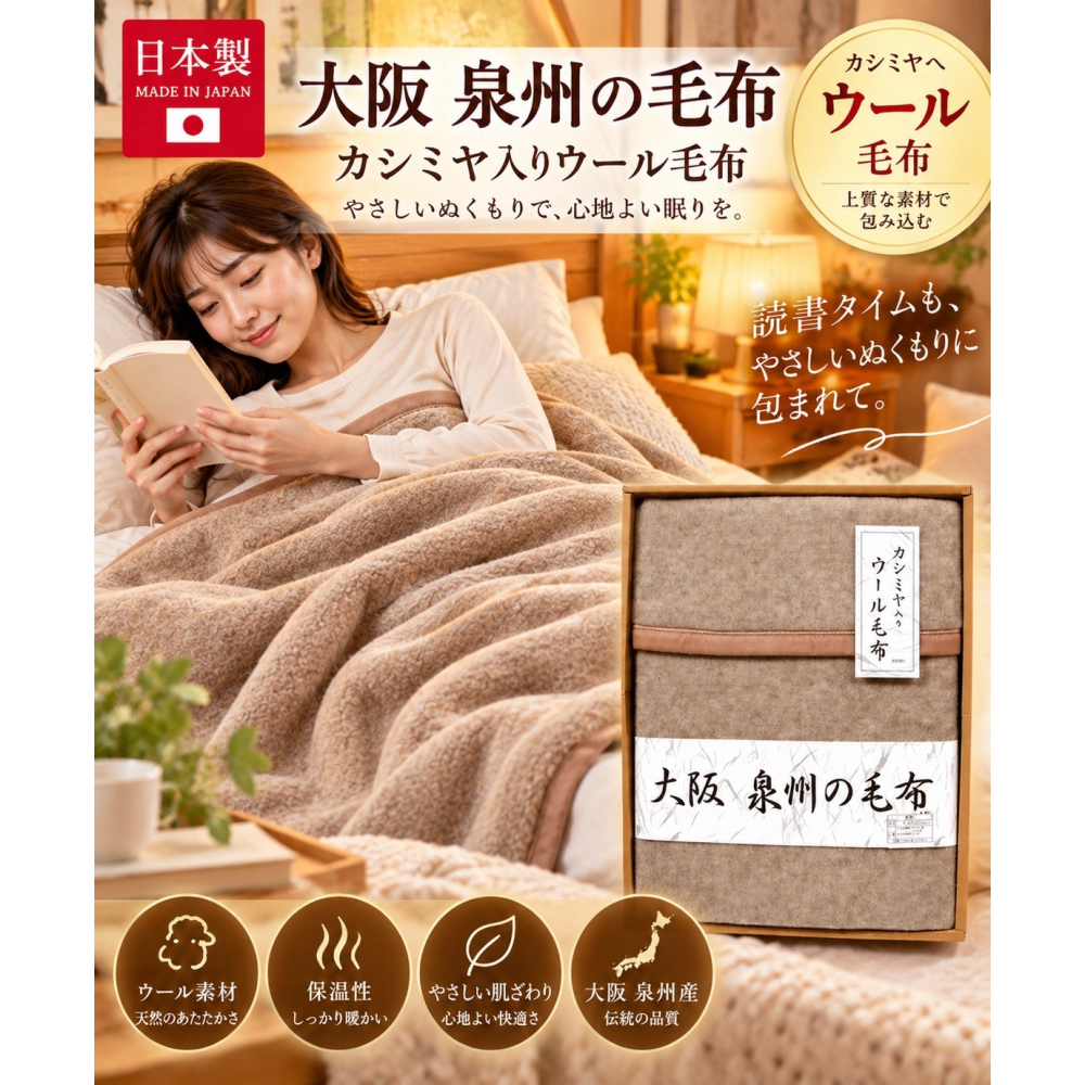 日本 泉州產 頂級山羊毛 單人保暖毛毯 (限時特價) (體積過大.寄出拆盒子)-細節圖4