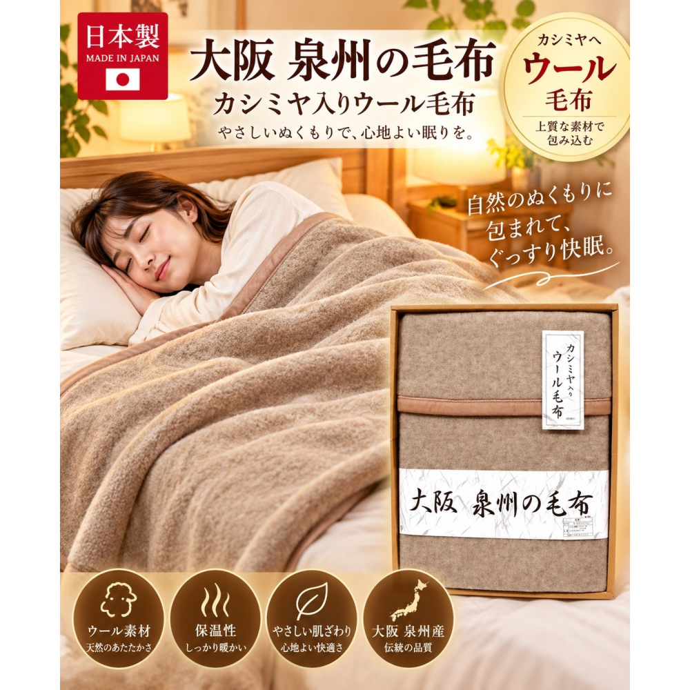 日本 泉州產 頂級山羊毛 單人保暖毛毯 (限時特價) (體積過大.寄出拆盒子)-細節圖6