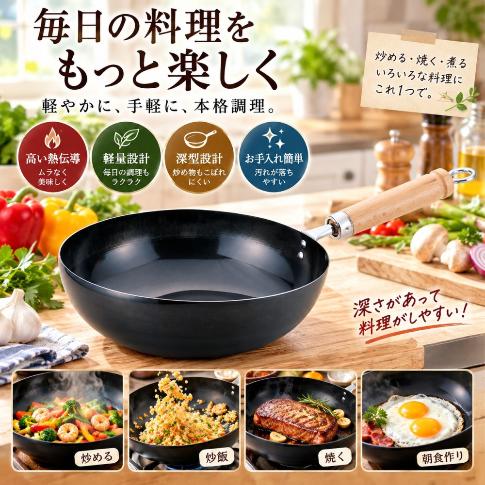 日本 Summit 工業 爆炒鍋系列防溢加高 純鐵中華鍋29cm