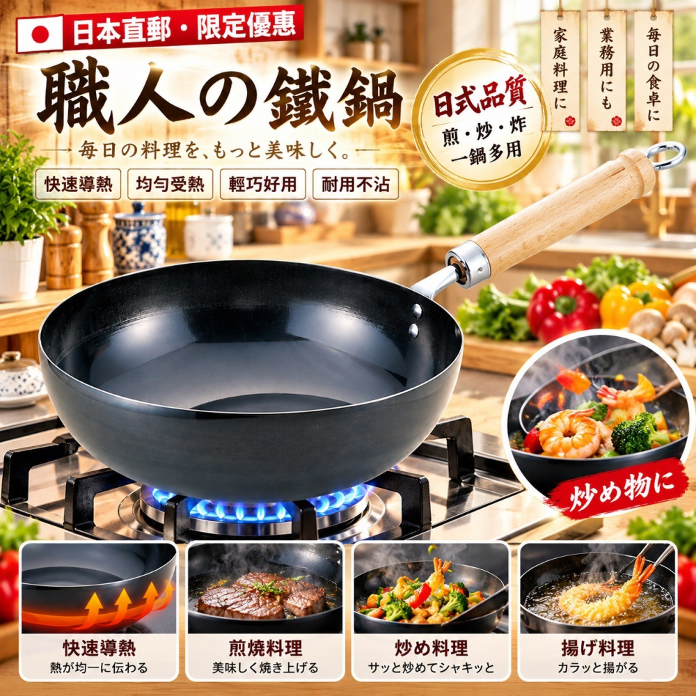 日本 Summit 工業 爆炒鍋系列防溢加高 純鐵中華鍋29cm-細節圖4