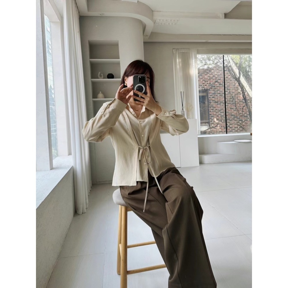 正韓 氣質優雅前綁帶打折西褲 現貨藍灰-細節圖2