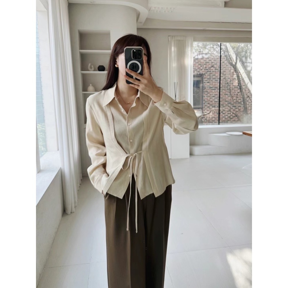 正韓 氣質優雅前綁帶打折西褲 現貨藍灰-細節圖3