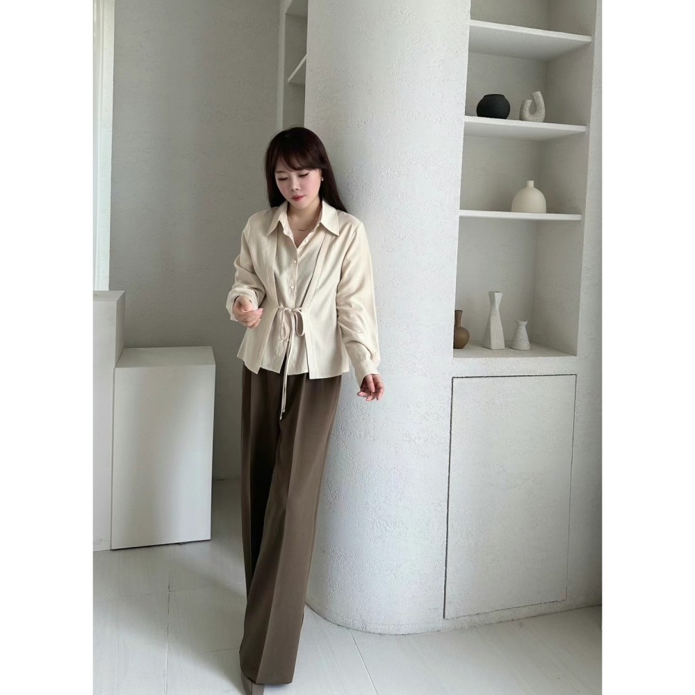 正韓 氣質優雅前綁帶打折西褲 現貨藍灰-細節圖4