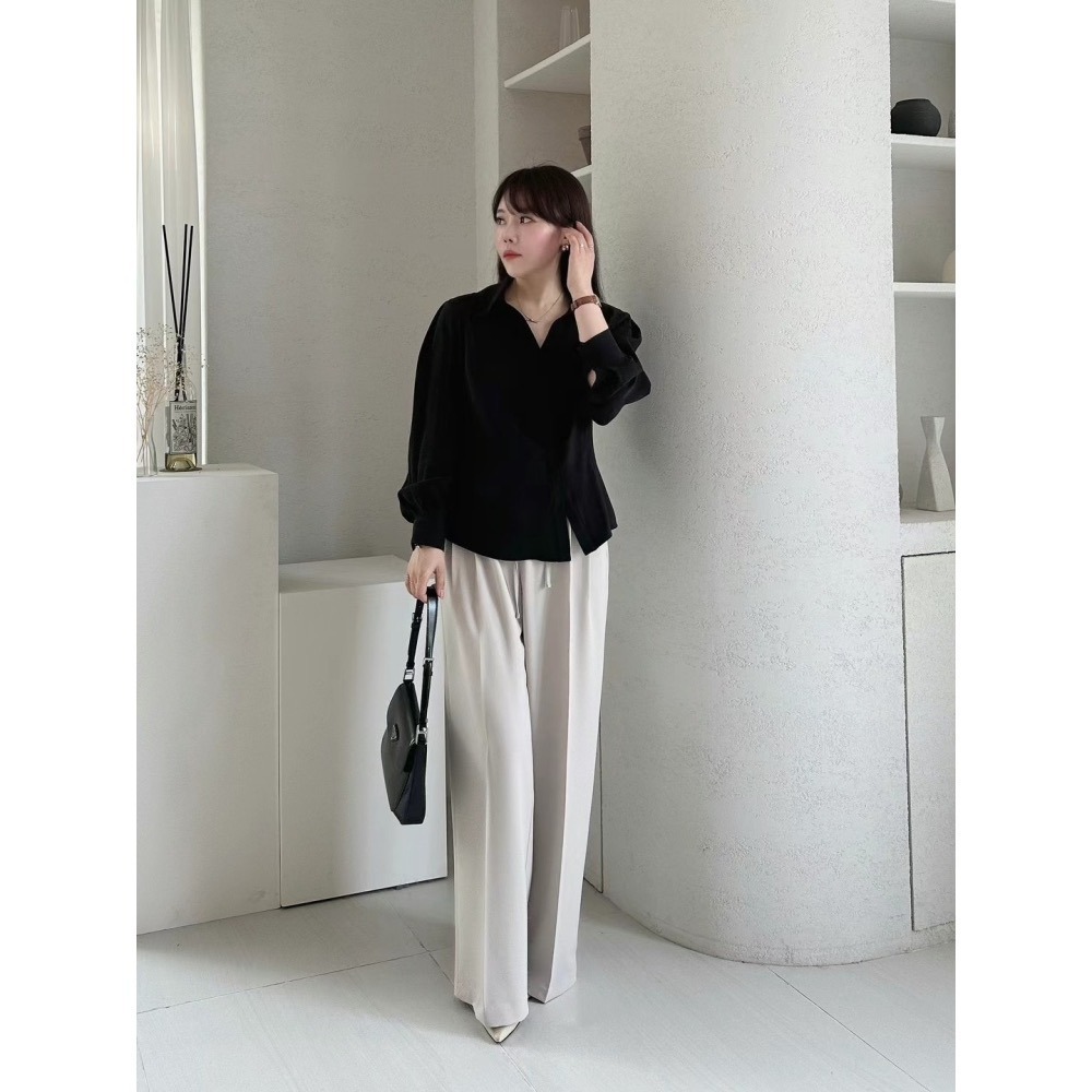 正韓 氣質優雅前綁帶打折西褲 現貨藍灰-細節圖5