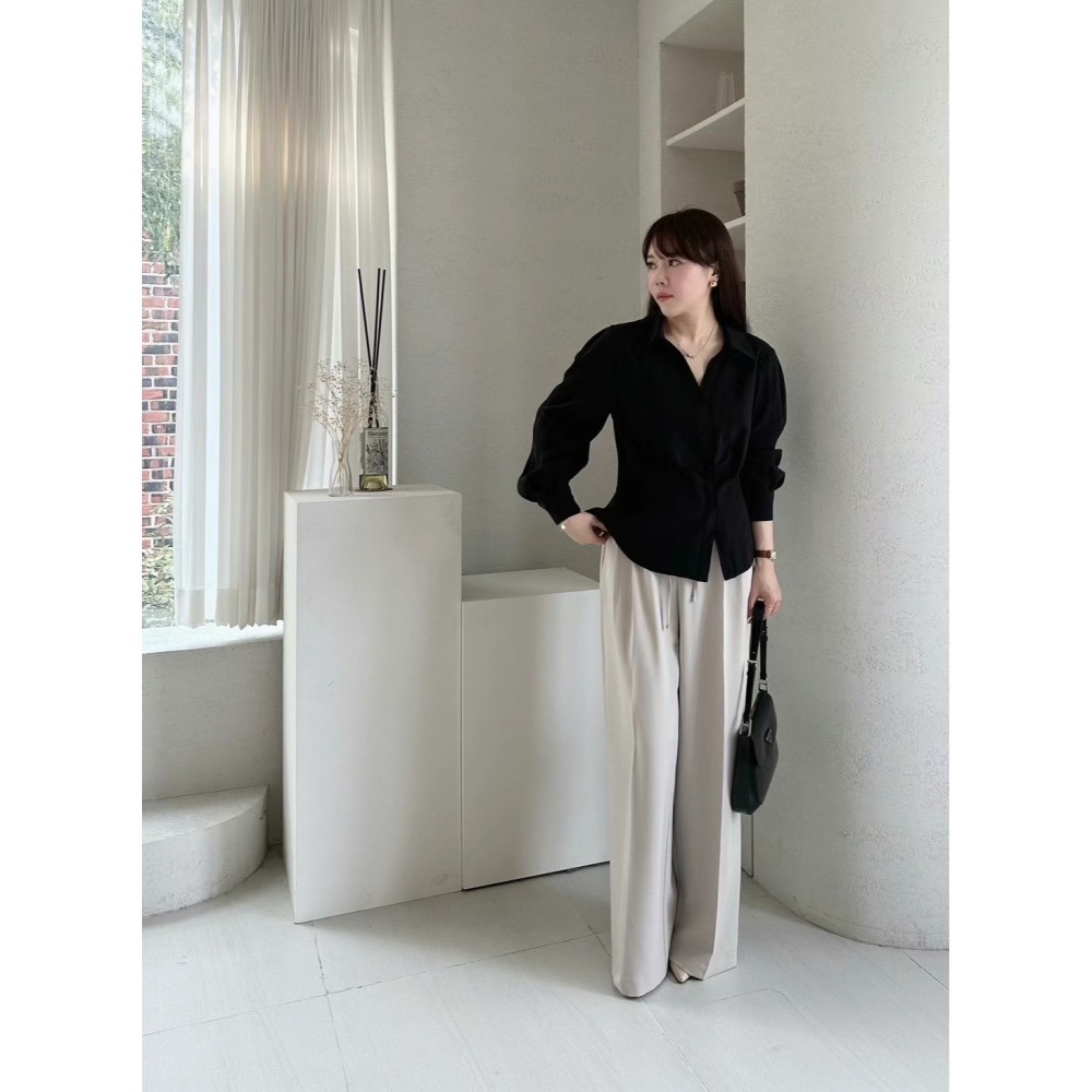 正韓 氣質優雅前綁帶打折西褲 現貨藍灰-細節圖6