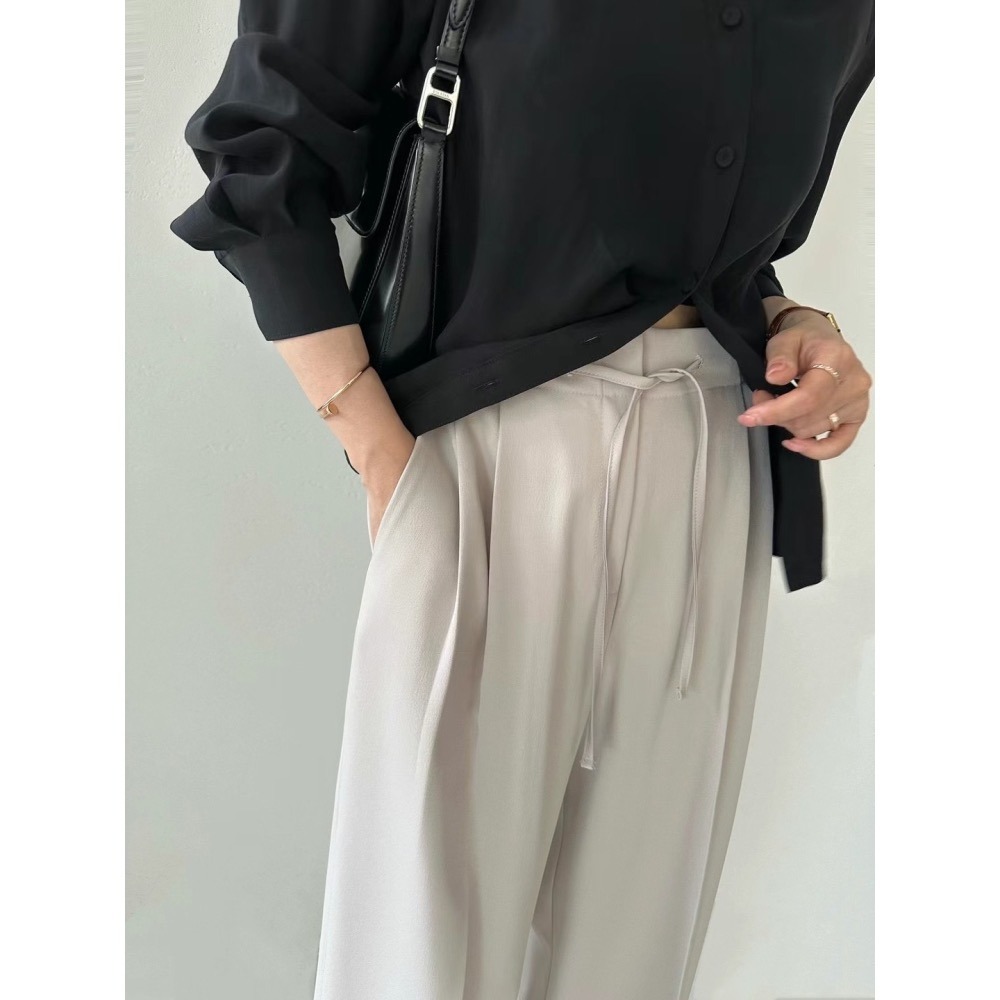 正韓 氣質優雅前綁帶打折西褲 現貨藍灰-細節圖10