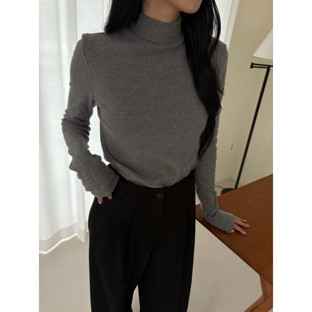 正韓 基本款刷絨微高領T 現貨白/米-細節圖2