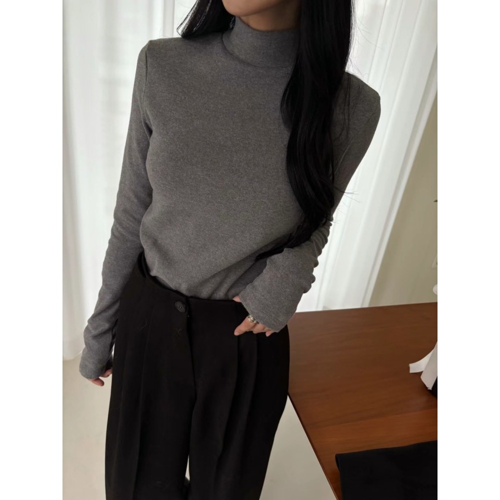 正韓 基本款刷絨微高領T 現貨白/米-細節圖3