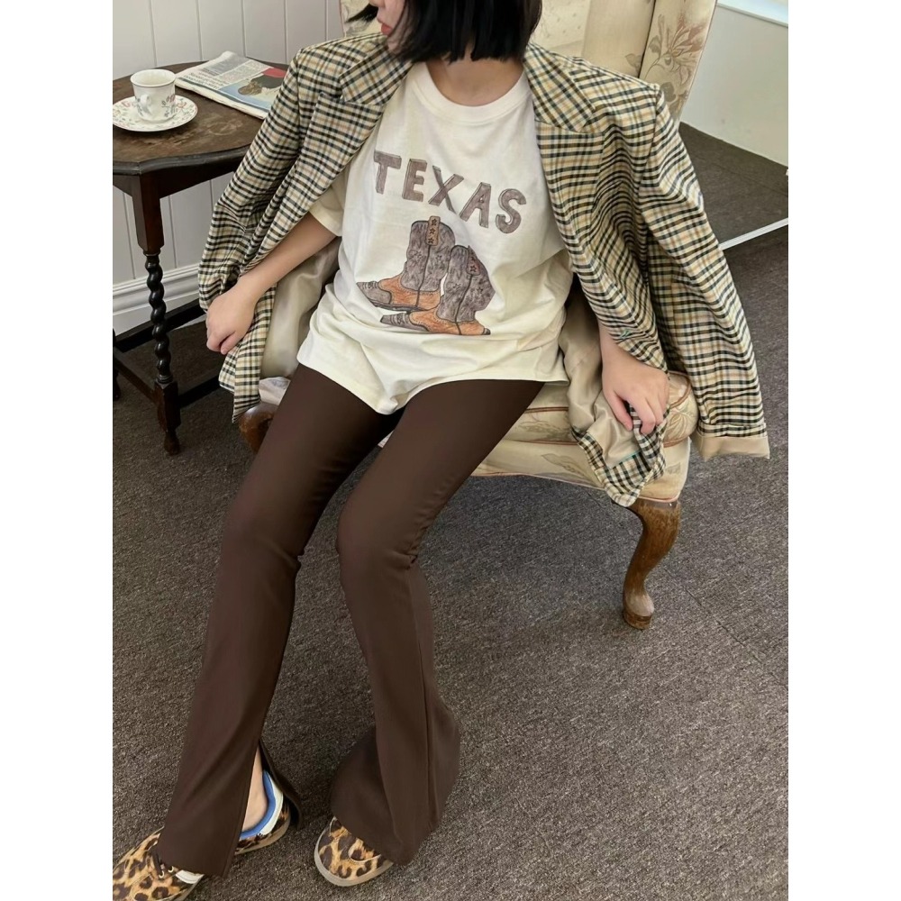 正韓 細坑條紋喇叭開岔內搭褲 現貨咖色-細節圖4