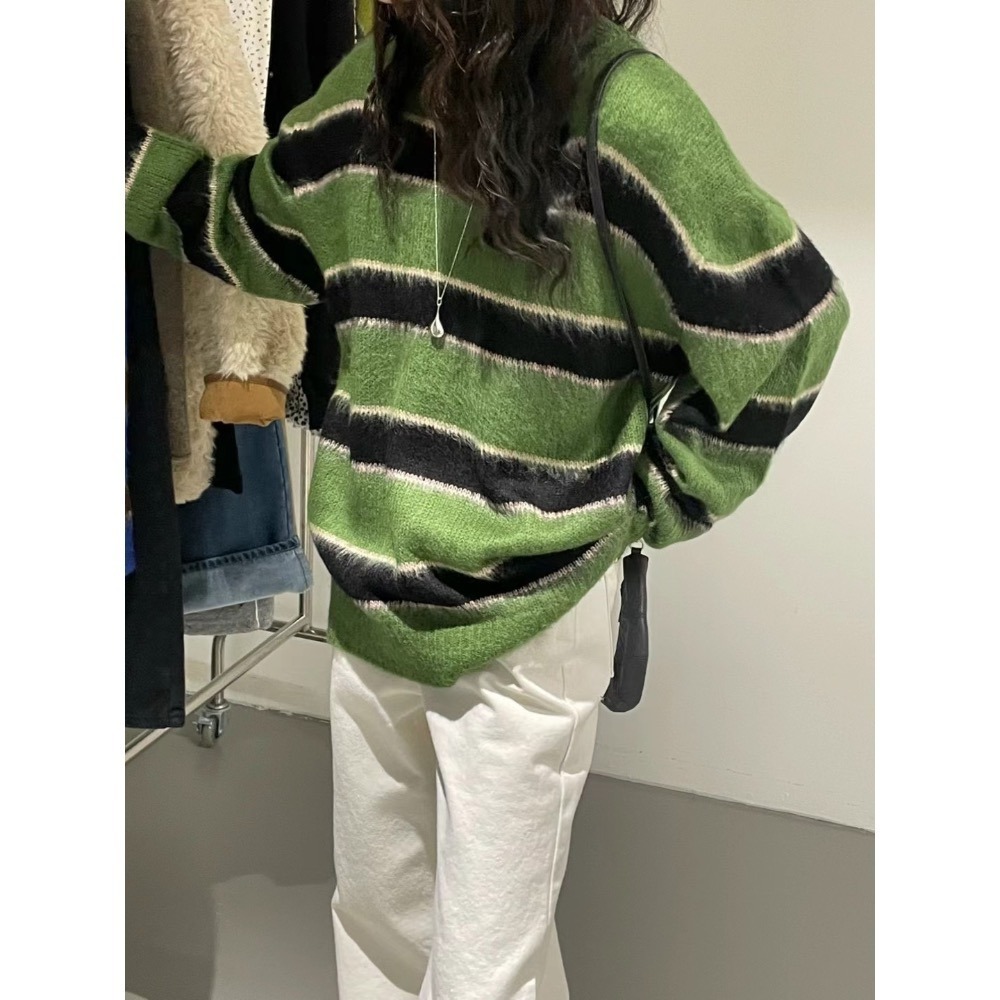 正韓 拼色條紋毛衣 現貨深藍-細節圖4