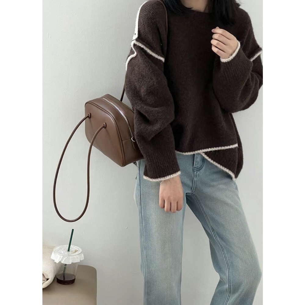 正韓 拷克撞色毛衣 現貨咖色-細節圖2