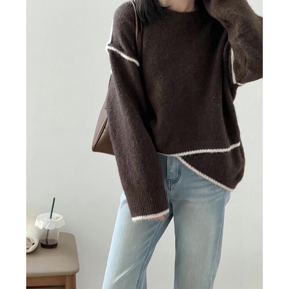正韓 拷克撞色毛衣 現貨咖色-細節圖3