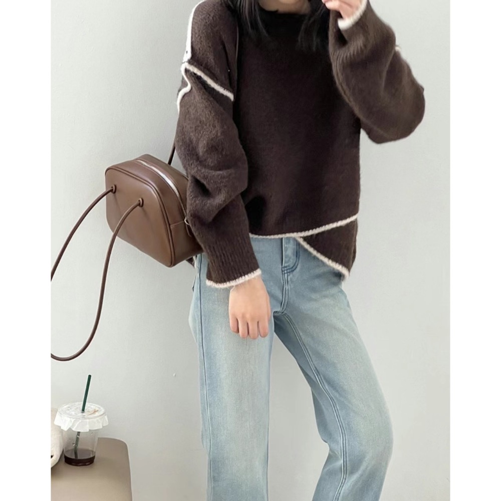 正韓 拷克撞色毛衣 現貨咖色-細節圖4