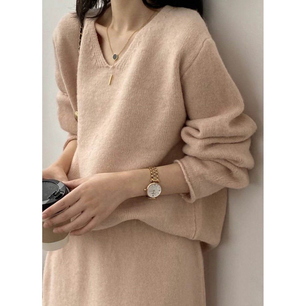 正韓 長裙毛衣套裝 現貨粉杏-細節圖3