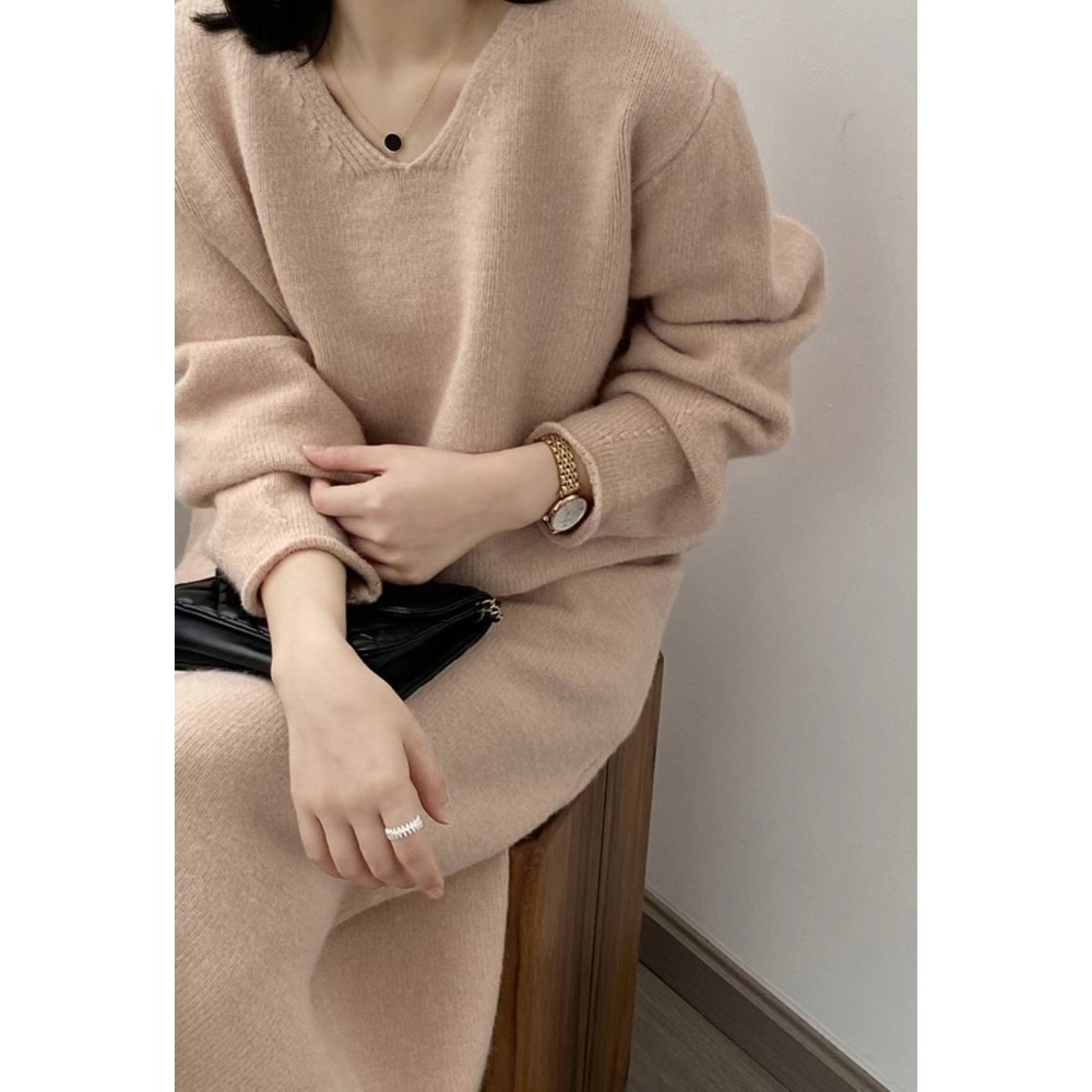 正韓 長裙毛衣套裝 現貨粉杏-細節圖4