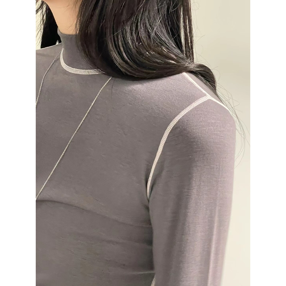 正韓 撞色拷克微高領上衣 現貨白/灰-細節圖2