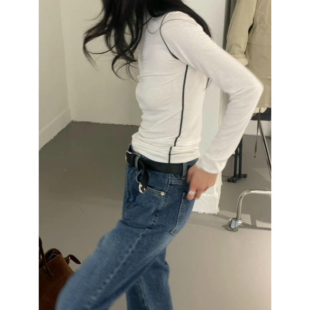 正韓 撞色拷克微高領上衣 現貨白/灰-細節圖4