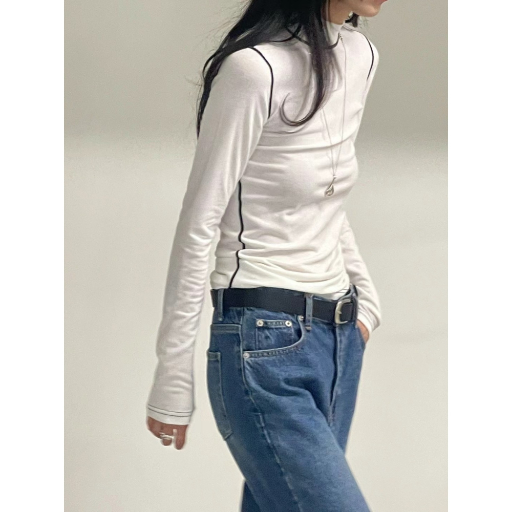 正韓 撞色拷克微高領上衣 現貨白/灰-細節圖7