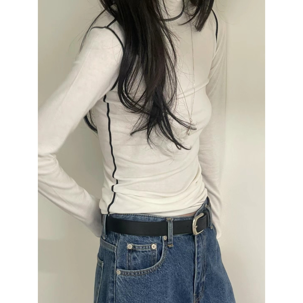 正韓 撞色拷克微高領上衣 現貨白/灰-細節圖8