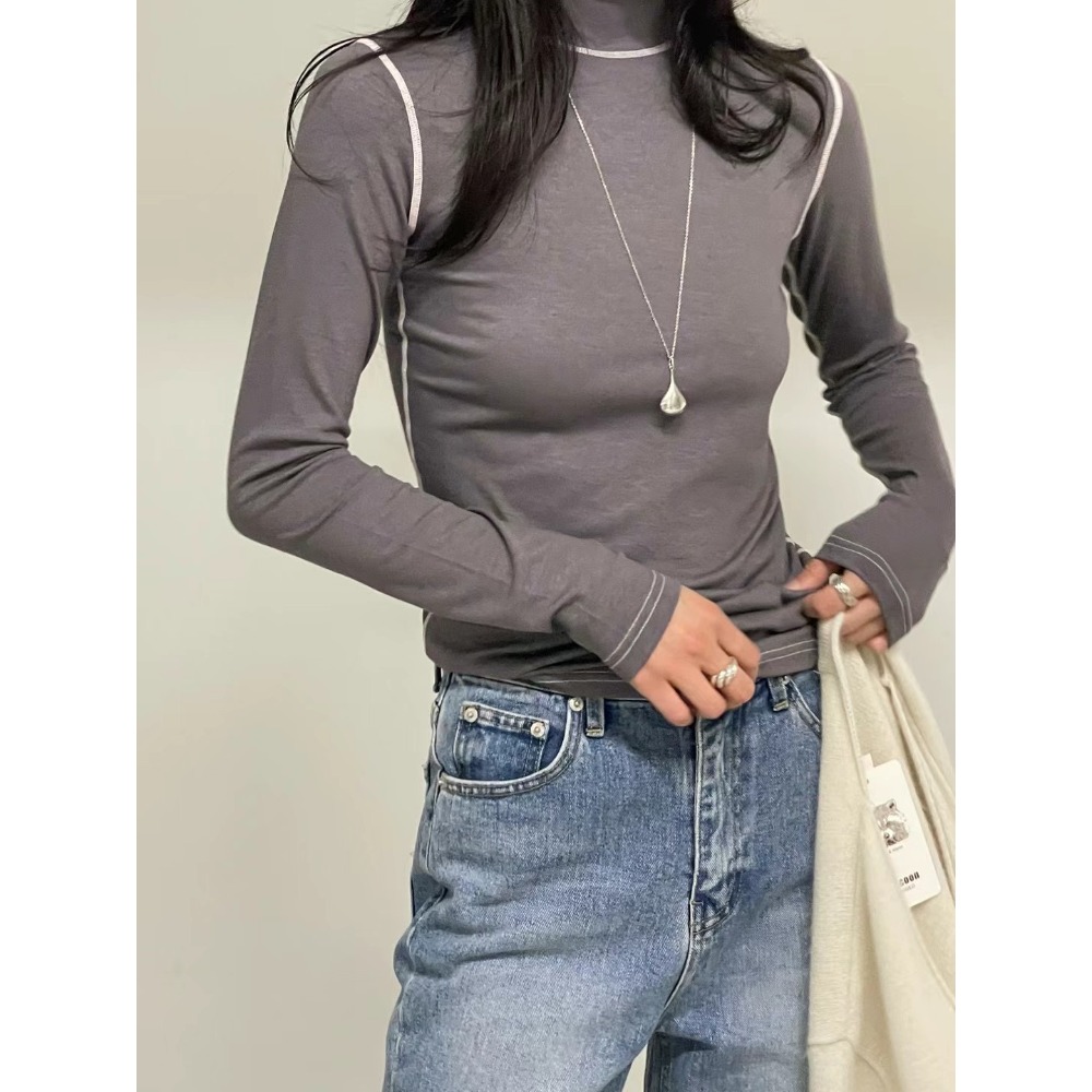 正韓 撞色拷克微高領上衣 現貨白/灰-規格圖9