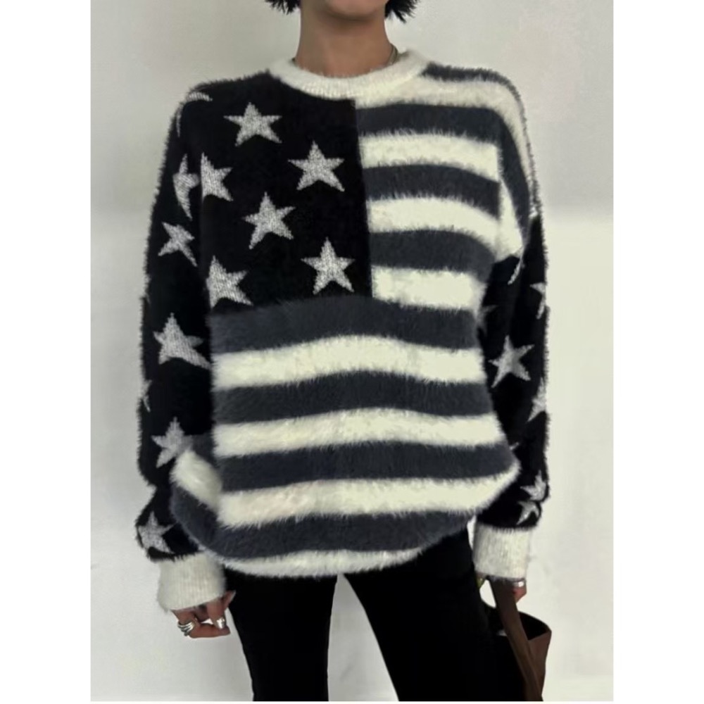 正韓 大大美國國旗毛衣 現貨黑-細節圖2