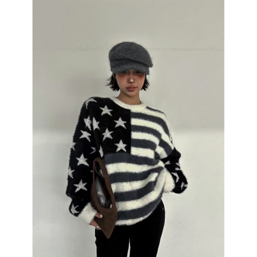 正韓 大大美國國旗毛衣 現貨黑-細節圖3