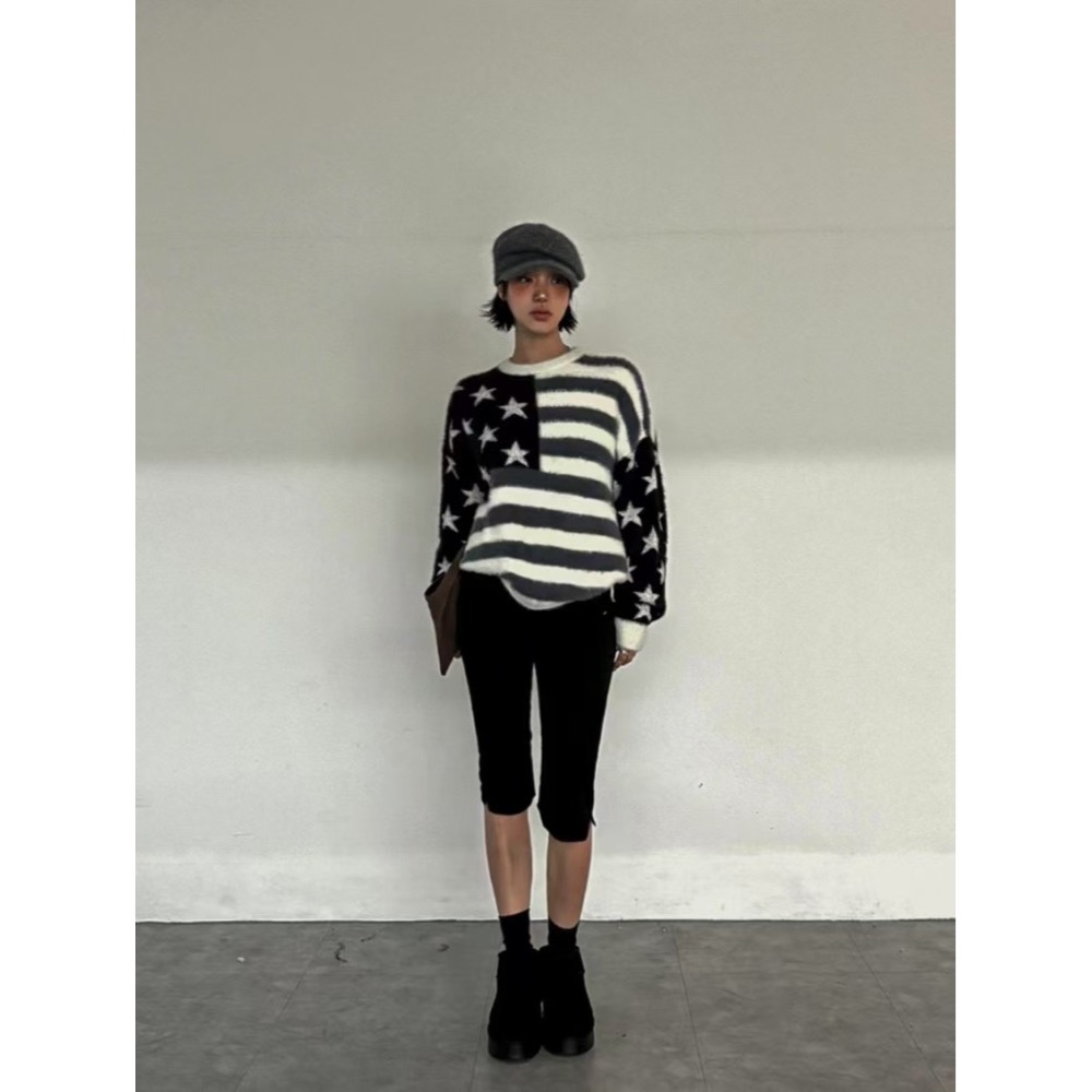 正韓 大大美國國旗毛衣 現貨黑-細節圖4