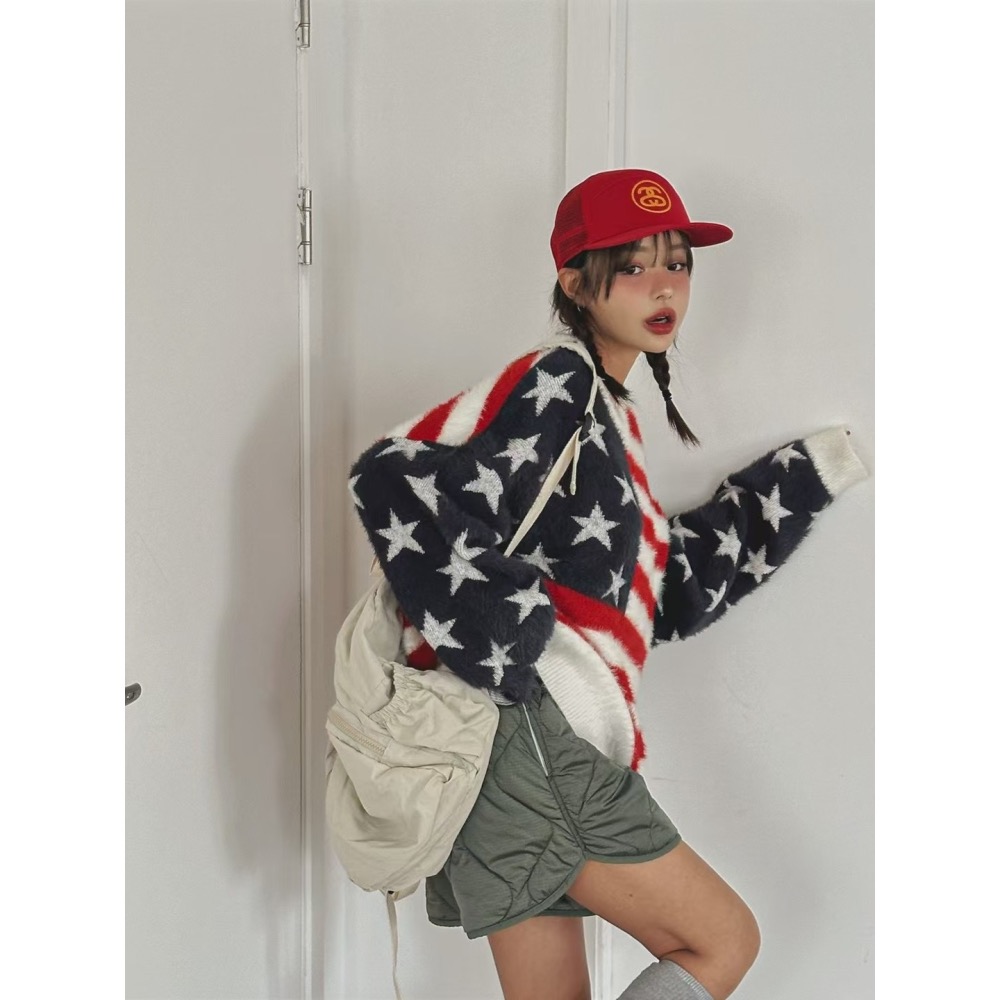 正韓 大大美國國旗毛衣 現貨黑-細節圖5