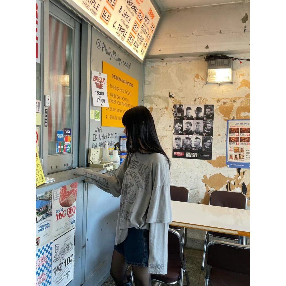 正韓 摩托車假兩件T 現貨淺灰/深灰-細節圖3