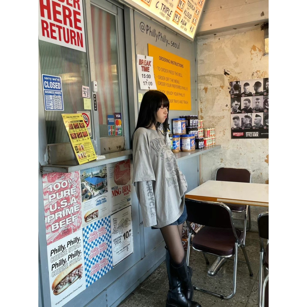 正韓 摩托車假兩件T 現貨淺灰/深灰-細節圖4