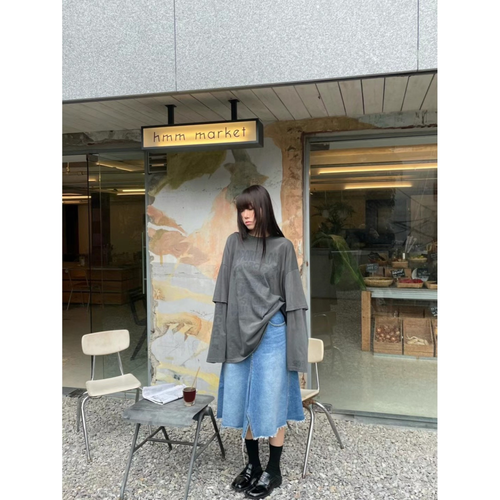 正韓 摩托車假兩件T 現貨淺灰/深灰-細節圖5