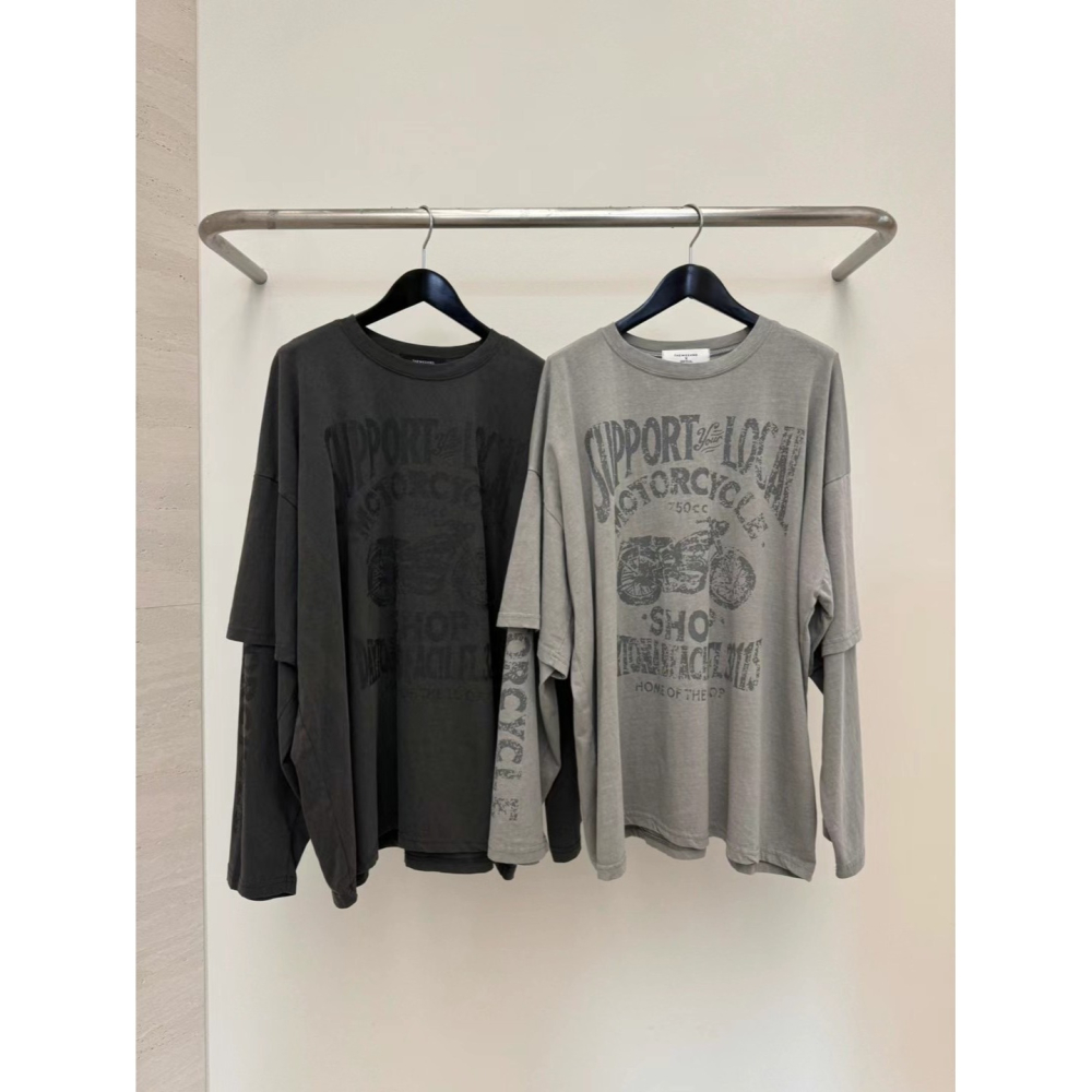 正韓 摩托車假兩件T 現貨淺灰/深灰-細節圖8