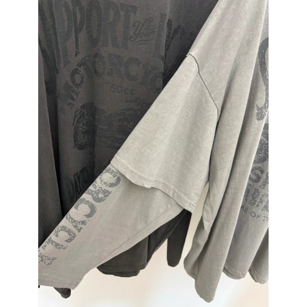 正韓 摩托車假兩件T 現貨淺灰/深灰-細節圖9