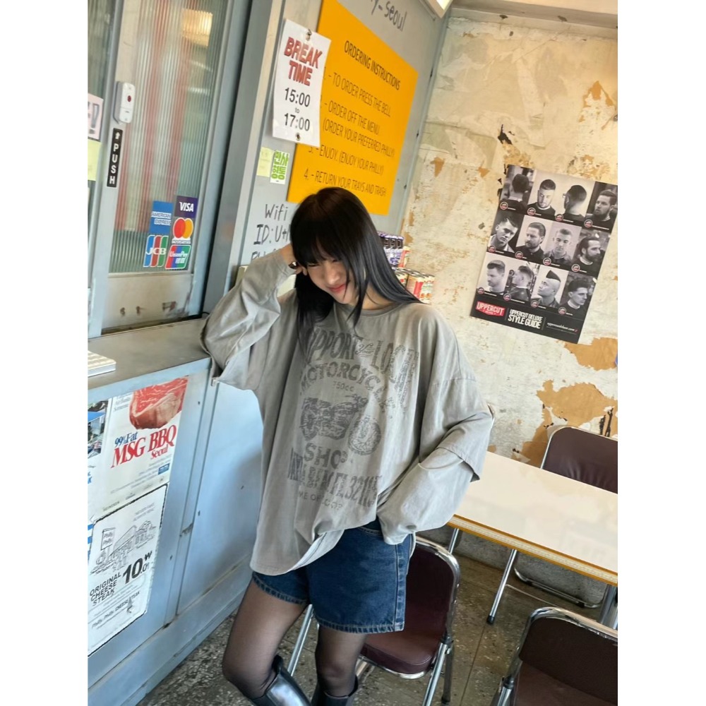 正韓 摩托車假兩件T 現貨淺灰/深灰-規格圖9