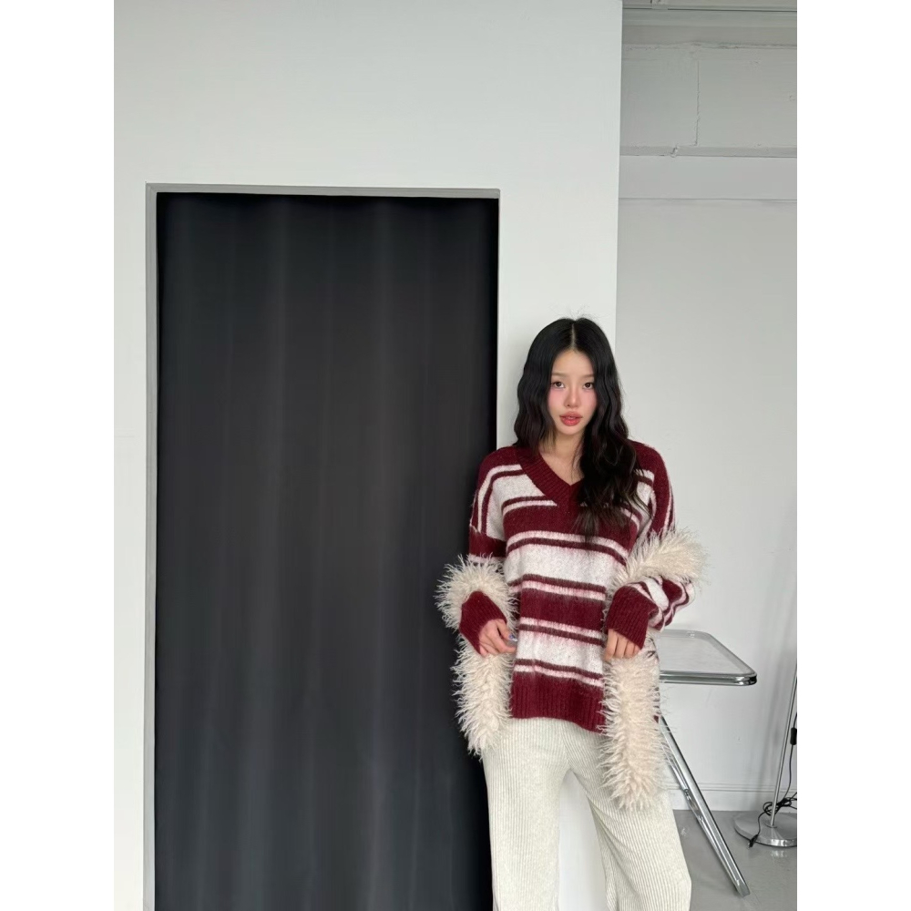 正韓 坑條褲頭鬆緊腰長褲 現貨白/灰-細節圖3