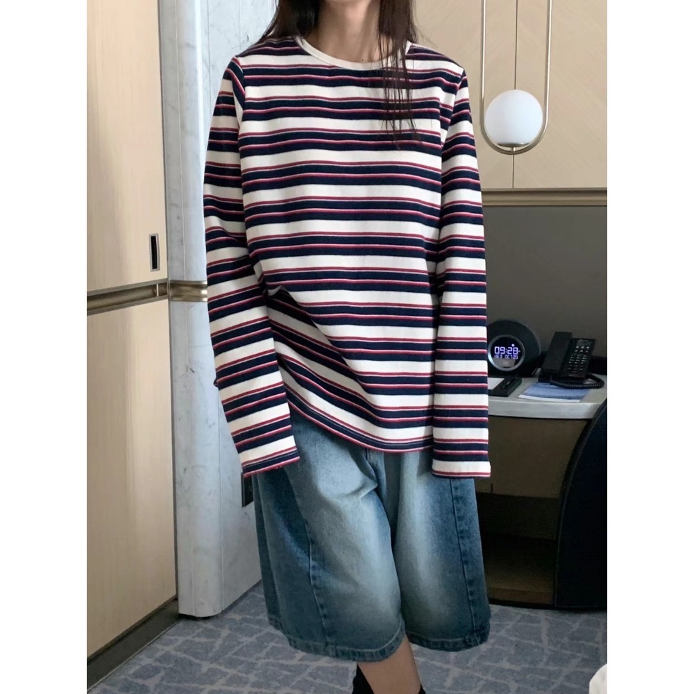 正韓 撞色條紋棉質上衣 現貨紅-規格圖9