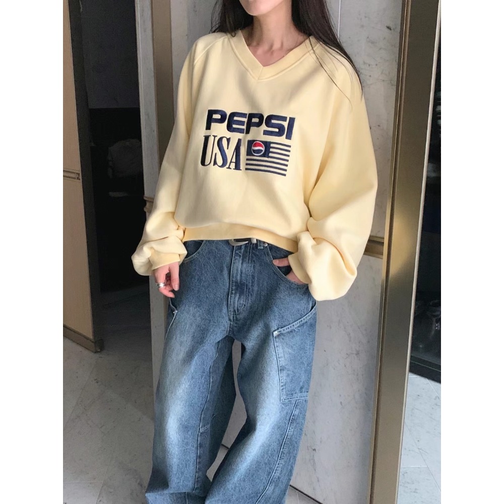 正韓 美國百事可樂V領大學T 現貨米黃/藍黑-規格圖5