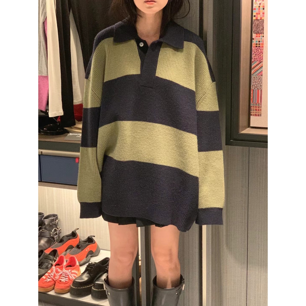 正韓 POLO領條紋針織上衣 現貨綠/藍-細節圖2