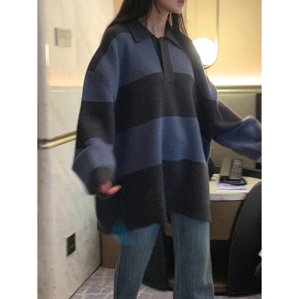 正韓 POLO領條紋針織上衣 現貨綠/藍-細節圖3