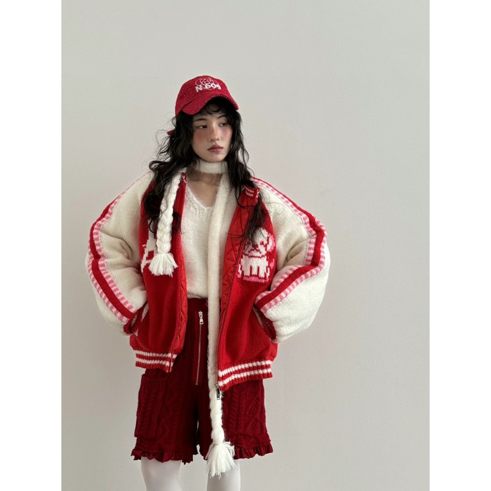 正韓 狗狗針織毛衣拉鍊外套 現貨紅色-細節圖2