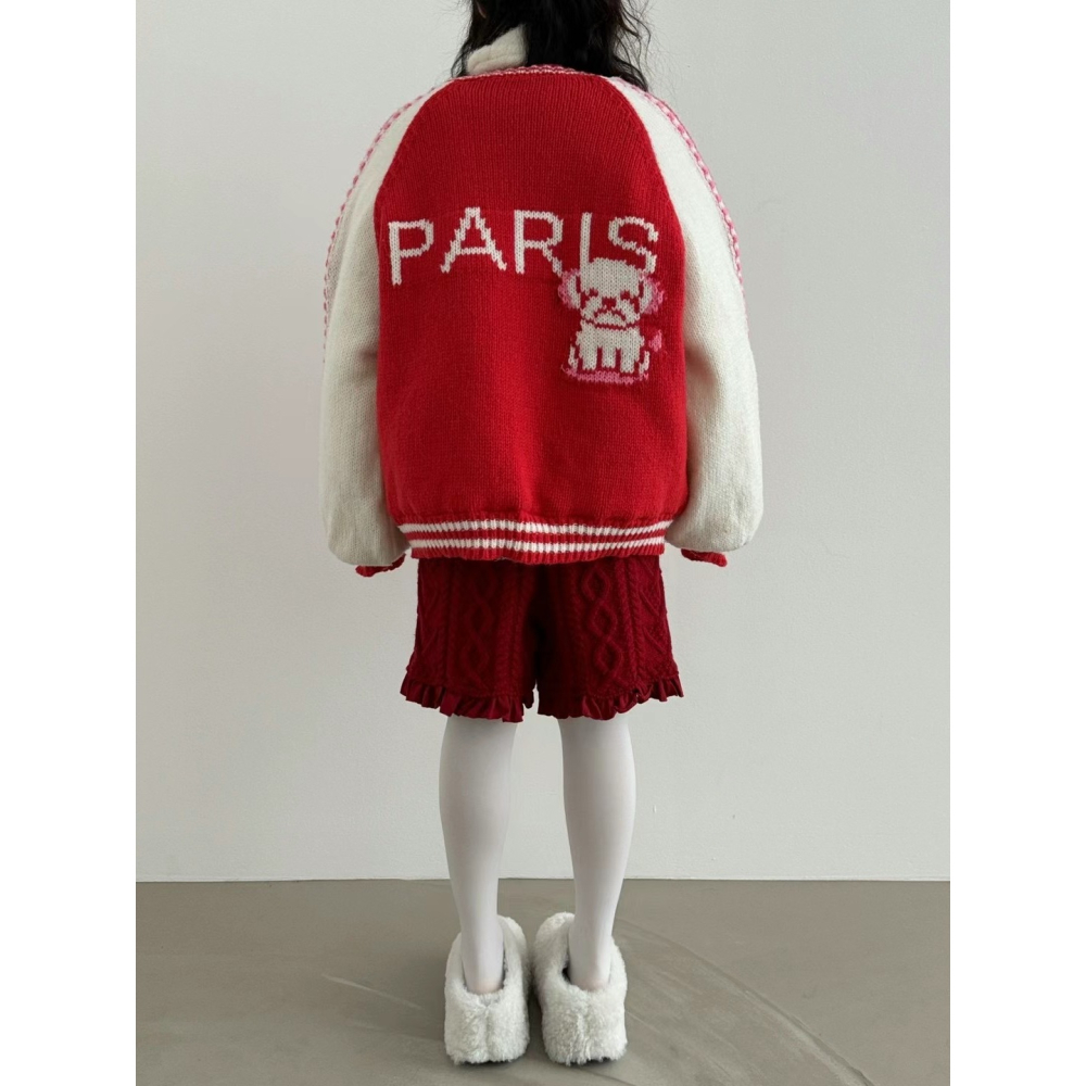 正韓 狗狗針織毛衣拉鍊外套 現貨紅色-細節圖4