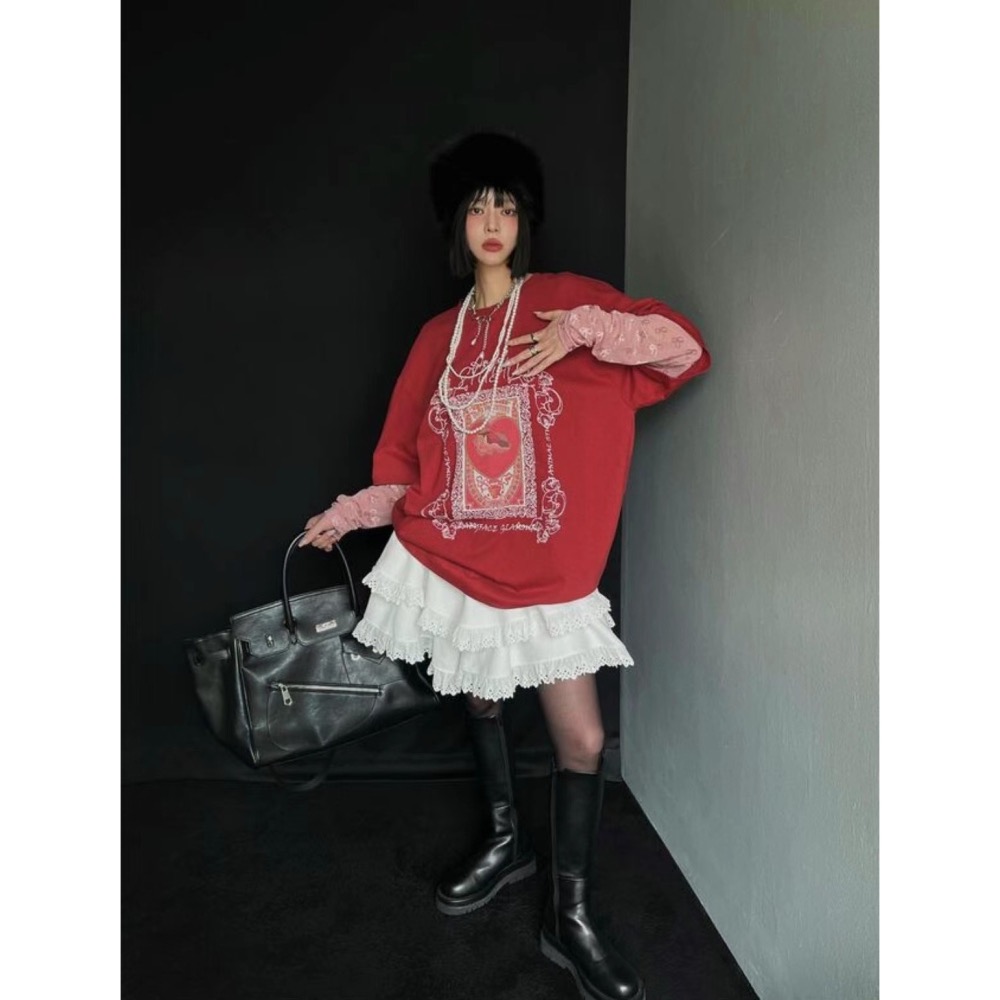 正韓 愛心天使甲兩件拼接蕾絲袖上衣 現貨紅色-細節圖3
