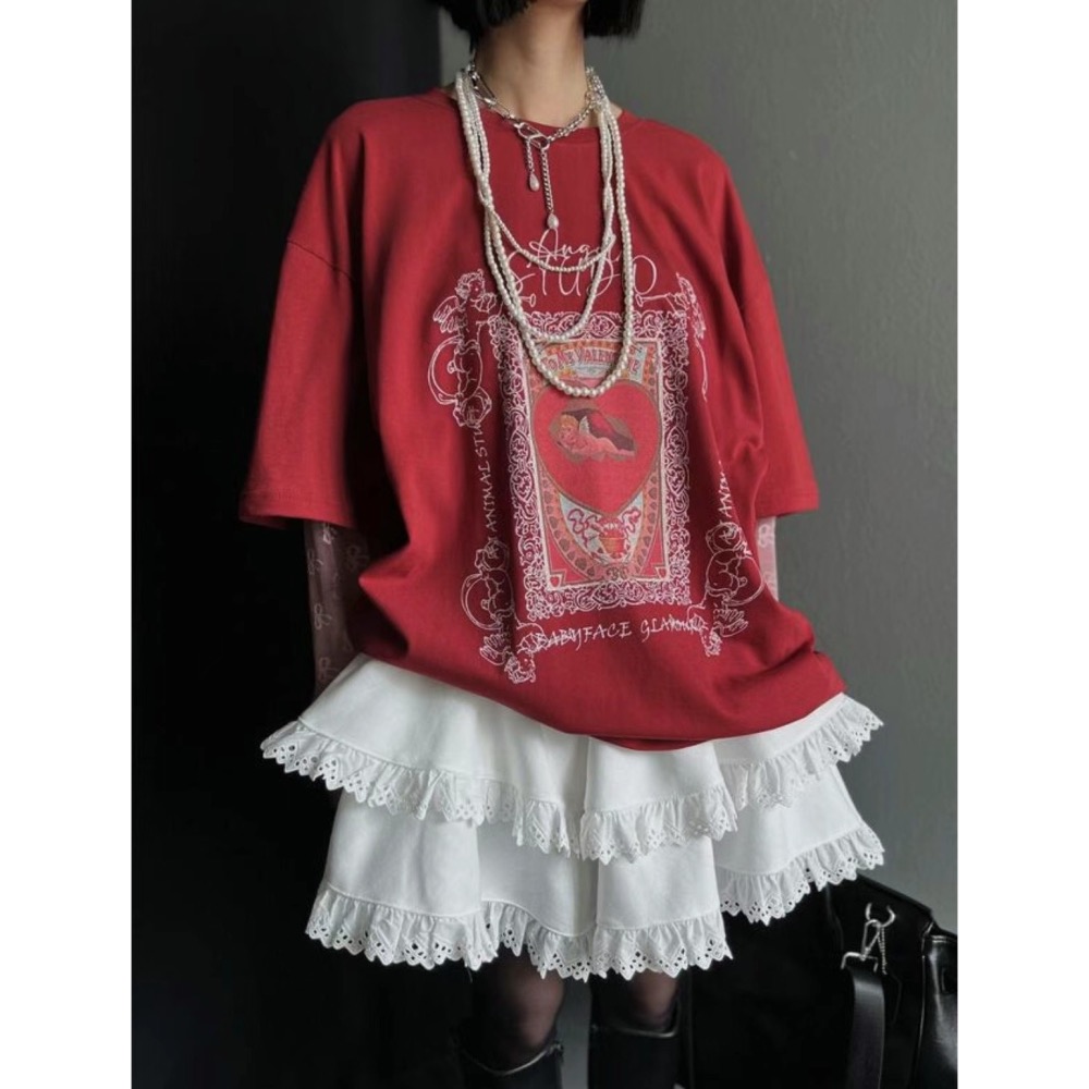 正韓 愛心天使甲兩件拼接蕾絲袖上衣 現貨紅色-細節圖4