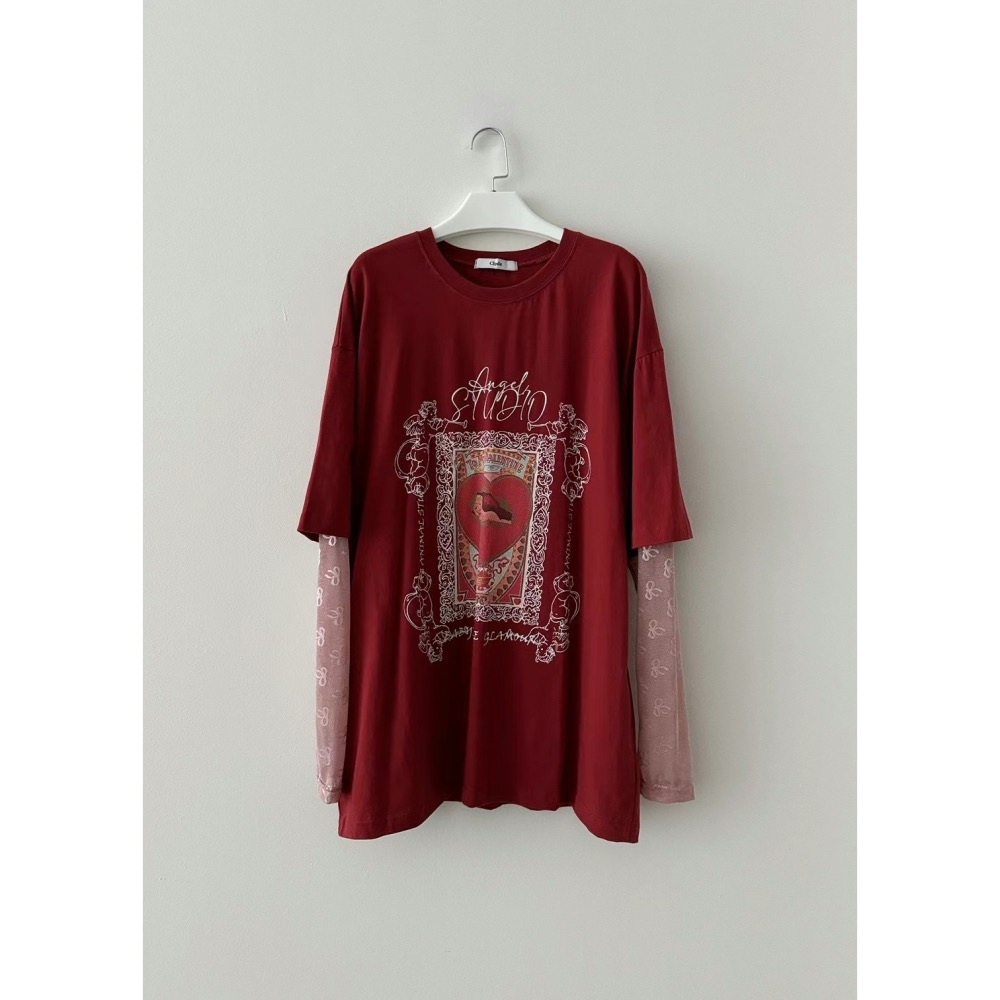 正韓 愛心天使甲兩件拼接蕾絲袖上衣 現貨紅色-細節圖5