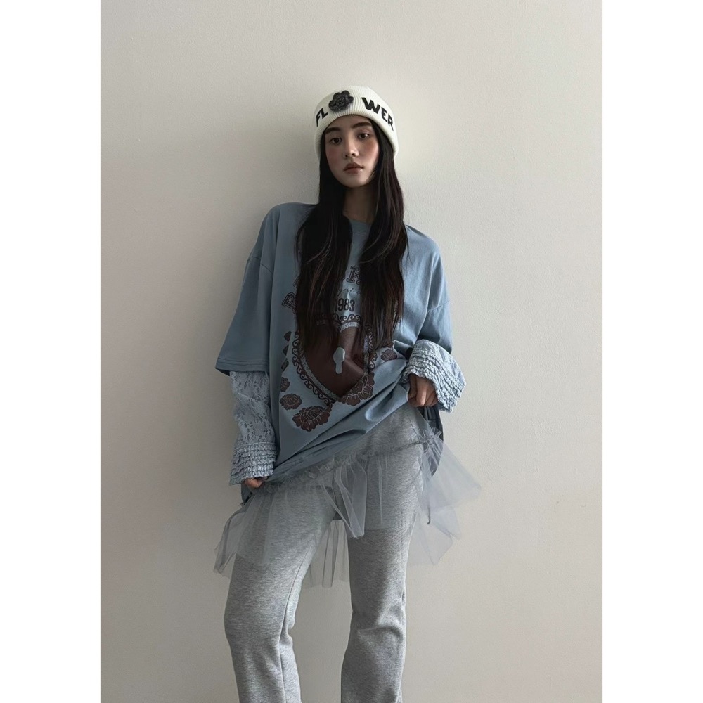 正韓 愛心鎖假兩件拼接蕾絲袖上衣 現貨粉/藍-細節圖3