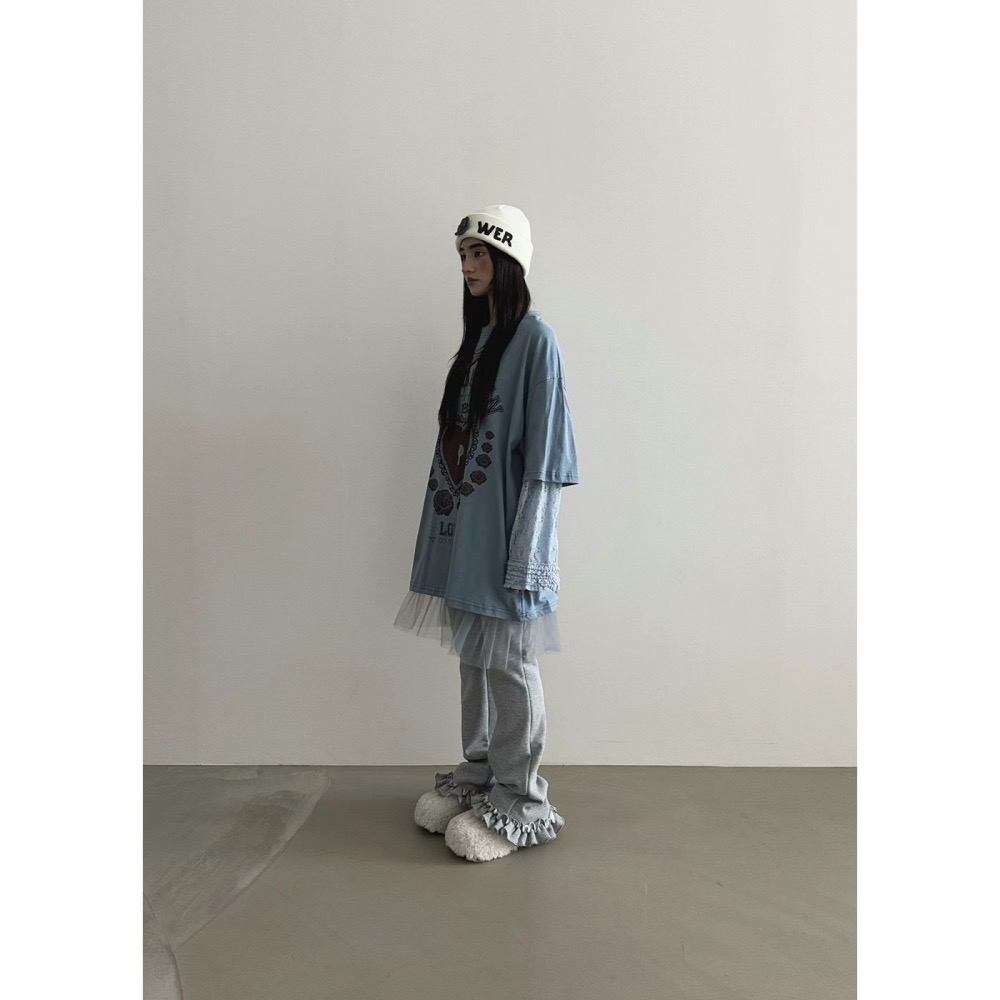 正韓 愛心鎖假兩件拼接蕾絲袖上衣 現貨粉/藍-細節圖4